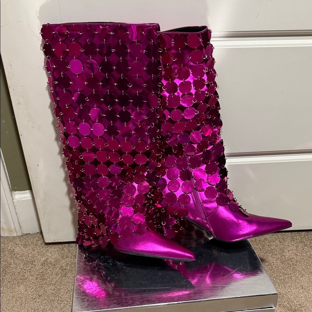 Fuchsia Sequin Heeled Boots - Picture 3 of 14